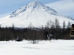 Камчатка, вулкан Кизимен, вид с Тумрокских ключей. Справа видна фумарольная активность вулкана