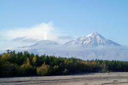 Извергается левый конус вулкана Шивелуч